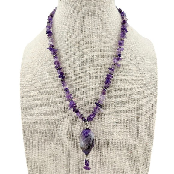 Natural Chip Bead Amethyst Silvertone Necklace with Chunky Stone Drop 15.5" VTG - Picture 1 of 8